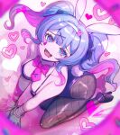  1girl absurdres animal_ears bare_arms bare_shoulders black_leotard blue_eyes blue_hair blurry blurry_foreground bow bowtie breasts cuffs detached_collar fake_animal_ears fake_tail fishnet_pantyhose fishnets handcuffs hatsune_miku heart heart-shaped_pupils high_heels highres kneeling large_breasts leotard long_hair looking_at_viewer looking_through_doughnut looking_up medium_hair necktie pantyhose pink_bow pink_bowtie pink_necktie playboy_bunny rabbit_ears rabbit_hole_(vocaloid) rabbit_tail raymond_busujima restrained saliva solo spaghetti_strap symbol-shaped_pupils tail twintails vocaloid 