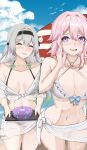  2girls :d ^_^ absurdres bare_shoulders bikini black_hairband blue_eyes blue_sky blush breasts cake cleavage closed_eyes cloud commentary cowboy_shot criss-cross_halter day english_text firefly_(honkai:_star_rail) food grey_hair hairband halterneck hand_up highres holding holding_tray honkai:_star_rail honkai_(series) kagurachi long_hair march_7th_(honkai:_star_rail) medium_breasts multiple_girls navel off_shoulder open_mouth pink_hair purple_eyes shirt sky smile standing stomach swimsuit thighs tied_shirt tray two-tone_eyes white_bikini white_shirt 