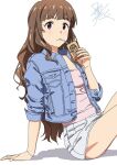  1girl arm_support blue_jacket blunt_bangs blush brown_hair cutoffs denim denim_jacket denim_shorts drinking drinking_straw holding idolmaster idolmaster_cinderella_girls jacket juice_box kamiya_nao long_hair looking_at_viewer open_clothes open_jacket pink_shirt red_eyes shirt short_shorts shorts signature simple_background sitting solo taku1122 thick_eyebrows thighs wavy_hair white_background white_shorts 