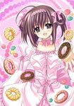  blush brown_hair copyright_request doughnut dress food frills hairband macaron nishimata_aoi pastry pink_dress purple_eyes ribbon smile solo twintails 