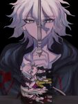  1boy ahoge black_background character_doll danganronpa_(series) danganronpa_2:_goodbye_despair green_jacket grey_eyes grey_hair hair_between_eyes hand_up highres hinata_hajime hood hood_down hooded_jacket jacket komaeda_nagito kuzuryu_fuyuhiko open_clothes open_jacket owari_akane polearm shimotsuki_niko simple_background smile soda_kazuichi solo sonia_nevermind spear weapon 