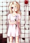  bandages bleeding blonde_hair blood blue_eyes child copyright_request dress eyepatch flower intravenous_drip lily_(flower) long_hair messiah_cage solo standing 