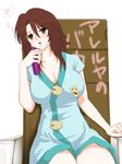  blush breasts brown_eyes brown_hair chair cleavage clip gundam gundam_00 large_breasts niwatori_kokezou robe solo sumeragi_lee_noriega 