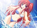  asahina_rinka beach bikini day dutch_angle emily_(pure_dream) game_cg jewelry long_hair moero_downhill_night_2 necklace outdoors purple_eyes red_hair solo splashing swimsuit twintails water 