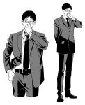  1boy belt blood blood_on_clothes blood_on_face collared_shirt glasses greyscale hand_in_pocket highres holding_nose ijichi_kiyotaka jujutsu_kaisen long_sleeves male_focus monochrome necktie pants shirt shoes short_hair solo standing suit sumio_(smosmo) 