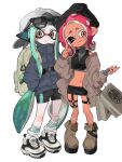  2girls agent_3_(splatoon) agent_8_(splatoon) aqua_hair backpack backwards_hat bag baseball_cap bike_shorts black-framed_eyewear black_skirt blue_jacket boots breasts brown_footwear closed_mouth crop_top dark-skinned_female dark_skin eyewear_on_head fishnet_thighhighs fishnets full_body glasses grey_bag grey_jacket hands_in_pockets hat headphones highres holding holding_bag inkling inkling_girl inkling_player_character jacket lat_latte71 leg_warmers long_hair looking_at_viewer medium_hair miniskirt multiple_girls octoling octoling_girl octoling_player_character one_eye_closed open_clothes open_jacket orange_eyes pencil_skirt red_hair shoes shopping_bag simple_background single_thighhigh skirt smile splatoon_(series) standing sunglasses tentacle_hair thighhighs very_long_hair white_background white_footwear 