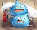  artist_name blue_skin border brown_border colored_skin dirt dragon_quest english_commentary frown highres miss_faves mountain open_mouth rock slime_(creature) slime_(dragon_quest) smile twitter_username 