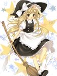  apron bamboo_broom blonde_hair braid broom buttons hanabana_tsubomi hands hat kirisame_marisa long_hair mary_janes open_mouth salute shoes side_braid smile solo star tareme touhou waist_apron witch witch_hat yellow_eyes 