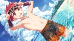 1boy absurdres armlet artist_name beach blue_sky character_request cloud cloudy_sky commentary_request commission copyright_request goggles goggles_on_head highres looking_at_viewer male_focus nipples original outdoors partial_commentary partially_submerged red_eyes red_hair skeb_commission sky solo swimsuit topless_male zutaboro 