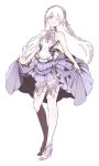  1girl ;d bare_shoulders black_background dress frills full_body hair_ornament hairband high_heels long_hair looking_at_viewer marini_musique one_eye_closed open_mouth original simple_background skirt_hold smile solo standing thighhighs very_long_hair white_hair white_thighhighs 