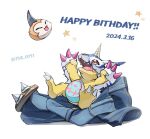  closed_eyes coat colored_skin dated digimon evolutionary_line fur_coat gabumon gift_art happy_birthday highres horns lying midair nagoshi on_back open_mouth red_eyes reptile sharp_teeth simple_background single_horn teeth tongue tunomon twitter_username weregarurumon white_background yellow_skin 