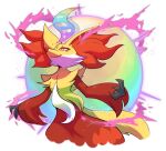  animal_ear_fluff animal_focus closed_mouth commentary delphox english_commentary highres mega_evolution_symbol multicolored_fur no_humans pokemon pokemon_(creature) red_fur scandy simple_background smile snout tail white_background white_fur yellow_fur 
