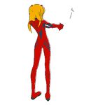  ass bodysuit facing_away from_behind full_body gen gloves hair_ornament hands_together long_hair lowres neon_genesis_evangelion number oekaki orange_hair outstretched_arms pilot_suit plugsuit simple_background skinny solo souryuu_asuka_langley standing stretch turtleneck v_arms 