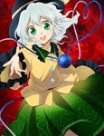  blush buttons closed_eyes green_eyes green_skirt heart heart_of_string komeiji_koishi long_sleeves looking_at_viewer machiko_(beard) outstretched_arm silver_hair skirt solo string third_eye touhou 