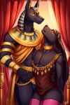 anthro anubian_jackal anubis black_body canid canine canis clothing deity digital_media_(artwork) duo egyptian egyptian_mythology humanoid jackal larynx legwear looking_at_another male male/male mammal middle_eastern_mythology mythology nipples smile thigh_highs