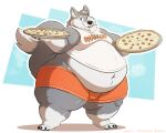 absurd_res anthro black_nose bottomwear clothing dipstick_tail food fur heavy_doodles hi_res holding_food holding_object looking_at_viewer male markings overweight overweight_anthro overweight_male pizza serving shorts solo tail tail_markings tieg_graywolf white_body white_fur