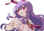  1girl absurdres animal_ears blush collared_shirt fingernails hair_between_eyes highres kame_(kamepan44231) long_hair nail_polish necktie open_mouth puffy_short_sleeves puffy_sleeves purple_hair purple_nails rabbit_ears red_eyes red_necktie reisen_udongein_inaba shirt short_sleeves simple_background solo touhou upper_body white_background white_shirt 