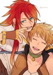  2boys blonde_hair blue_eyes closed_eyes collar collarbone commentary_request gradient_hair green_collar guy_cecil hair_between_eyes long_hair luke_fon_fabre male_focus meiji_(pecosyr5) multicolored_hair multiple_boys open_mouth orange_hair red_hair short_hair simple_background tales_of_(series) tales_of_the_abyss two-tone_hair v-shaped_eyebrows white_background 