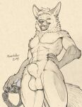 abs animal_genitalia anthro balls canid canine collar fangs fox genitals hi_res holding_collar holding_object looking_at_viewer low-angle_view male mammal monochrome muscular muscular_anthro muscular_male nude richard_foley sepia sharp_teeth sheath teeth