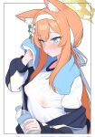  1girl animal_ear_fluff animal_ears blue_archive blue_eyes blush bottle breasts cat_ears cat_girl flower hair_flower hair_ornament halo headband highres jacket long_hair mari_(blue_archive) mari_(track)_(blue_archive) nipples open_clothes open_jacket orange_hair ponytail rong_hui see-through see-through_shirt shirt simple_background small_breasts solo sweat towel track_jacket water_bottle wet wet_clothes wet_shirt yellow_halo 