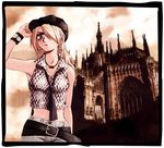 architecture armpits belt blonde_hair blue_eyes bracelet breasts cabbie_hat checkered church cleavage cloud denim earrings gothic gothic_architecture hair_over_one_eye hat jeans jewelry long_hair medium_breasts messiah_cage midriff necklace necktie pants photo photo_background sky solo standing wristband 