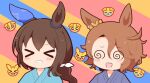  &gt;_&lt; 2girls :d @_@ admire_vega_(umamusume) animal_ears blue_kimono blush_stickers brown_hair chibi closed_eyes emoji facing_viewer gomashio_(goma_feet) hair_between_eyes hair_ribbon horse_ears japanese_clothes kimono long_hair low_ponytail multiple_girls narita_taishin_(umamusume) parted_bangs ponytail ribbon smile umamusume upper_body white_ribbon xd 