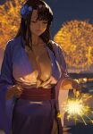  black_hair blue_flower blurry blurry_background breasts cleavage commentary depth_of_field english_commentary fireworks flower hair_flower hair_ornament highres hintobento japanese_clothes kimono large_breasts lips long_hair looking_down new_year night original outdoors sash sparkler standing straight_hair white_kimono wide_sleeves 