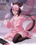  1girl animal_ear_fluff animal_ears black_hair black_thighhighs blurry blurry_background bow bubble_tea cat_ears cat_girl cat_tail collarbone cup darlingstrawb drinking_straw english_commentary fang glasses hair_ribbon heart heart_in_eye heterochromia highres holding holding_cup hood hood_down hoodie indie_virtual_youtuber miiikaccino nintendo_switch open_mouth paw_print_soles pink_bow pink_eyes pink_hair pink_hoodie pink_ribbon purple_eyes ribbon round_eyewear shirt short_hair single_thighhigh sleeves_past_wrists solo swivel_chair symbol_in_eye tail tail_bow tail_ornament thighhighs white_shirt 