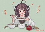  1girl :d ahoge blush bowl brown_eyes brown_hair chopsticks dated food food_request green_background hands_up headgear holding holding_chopsticks holding_plate japanese_clothes kimono lamb_(hitsujiniku) long_sleeves looking_at_viewer plate rice simple_background sitting smile solo table teeth touhoku_kiritan translation_request twintails upper_body upper_teeth_only voiceroid white_kimono wide_sleeves 