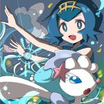  1girl arms_up bare_arms blue_eyes blue_hair hair_ornament highres lana_(pokemon) no_sclera open_mouth pearl_hair_ornament pink_nose pokemon pokemon_(anime) pokemon_(creature) pokemon_sm pokemon_sm_(anime) primarina seiun_(hoshigumo_72) simple_background starfish_hair_ornament z-move z-ring 