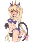  1girl anger_vein animal_costume animal_hands ass basukechi bell blonde_hair blush breasts cagliostro_(granblue_fantasy) cat_costume cat_paws cat_tail cowboy_shot crown fang granblue_fantasy hairband highres jingle_bell looking_at_viewer open_mouth purple_eyes simple_background small_breasts solo spiked_hairband spikes sweat tail trembling twintails wavy_mouth white_background 