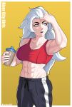  1girl abs absurdres bare_shoulders black_pants border breasts cup grey_eyes highres holding holding_cup kunio-kun kunio-kun_series kurimug6 long_hair marian_kelly midriff muscular muscular_female navel pants red_sports_bra river_city_girls solo sports_bra track_pants upper_body white_border white_hair yellow_background 