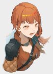  1girl bikini breasts fire_emblem fire_emblem:_three_houses highres leonie_pinelli looking_to_the_side lower_teeth_only medium_breasts open_mouth orange_bikini orange_eyes orange_hair solo swimsuit teeth white_background yachimata_1205 