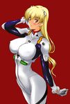  ayanami_rei ayanami_rei_(cosplay) blonde_hair bodysuit breasts brown_eyes cosplay covered_nipples huge_breasts kamia_(not_found) long_hair matsuoka_kiyone neon_genesis_evangelion non-web_source original plugsuit solo white_bodysuit 