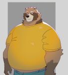 2024 anthro belly big_belly bottomwear brown_body canid canine clothing cyanroll male mammal overweight overweight_male pants raccoon_dog shirt simple_background solo tanuki topwear