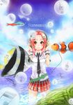  beamed_sixteenth_notes belt brown_eyes bubble clover eighth_note eyeball fish hair_ornament hairclip headphones markings mitsuki_meiya musical_note necktie original pink_hair solo treble_clef wading water 