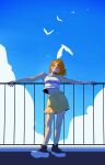  1girl absurdres aceseafire animal arm_tattoo bird blush closed_eyes commentary_request full_body highres nami_(one_piece) navel one_piece orange_hair outdoors shirt short_hair sky sleeveless sleeveless_shirt smile solo tattoo teeth 