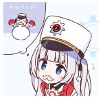  1girl blue_archive blue_eyes blush cherino_(blue_archive) doodle_sensei_(blue_archive) fake_facial_hair fake_mustache gears grey_hair hat one_side_up sensei_(blue_archive) shako_cap snowflakes snowing snowman solo thought_bubble white_headwear yoru_nai 