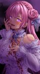  1girl blood blush commentary_request dorothy_(nikke) dress goddess_of_victory:_nikke hair_bun hand_on_own_chest highres long_hair long_sleeves looking_at_viewer masatoshi_1219 open_mouth pink_hair purple_eyes smile solo teeth tongue upper_body white_dress 