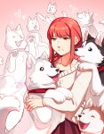  &gt;_&lt; 1girl :d ^_^ absurdres chainsaw_man closed_eyes collar collarbone commentary dog dog_request frogbians gradient_background highres long_hair makima_(chainsaw_man) multiple_dogs open_mouth pawpads red_background red_collar red_hair ringed_eyes simple_background smile snout solo teeth tongue tongue_out too_many too_many_dogs xd yellow_eyes 