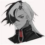  1boy boothill_(honkai:_star_rail) closed_mouth ear_piercing earrings greyscale hair_over_one_eye highres honkai:_star_rail honkai_(series) jewelry long_hair male_focus monochrome multicolored_hair piercing portrait simple_background solo split-color_hair two-tone_hair white_background xi_n_ren 