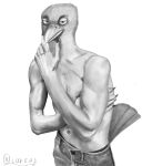 absurd_res anthro avian beak bird bottomwear claws clothing corvid corvus_(genus) crow denim denim_bottomwear denim_clothing hi_res jeans muscular oscine pants passerine realistic signature tail xcoreus