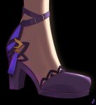  1girl absurdres artist_logo black_background commentary commission english_commentary feet_only footwear_focus genshin_impact high_heels highres keqing_(genshin_impact) mohoshadream purple_footwear shadow simple_background solo strappy_heels tassel 