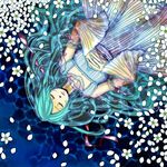  aqua_hair closed_eyes death dress flower hands_clasped hatsune_miku highres long_hair maitake_(mike_1966mihm) ophelia_(shakespeare) own_hands_together petals solo very_long_hair vocaloid water 