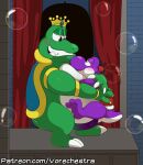 ambiguous_gender amphibian anthro armband barefoot belly blush bubble cape cape_only cloacal cloacal_penetration cloacal_penis clothing crown detailed_background dinosaur dominant dominant_male eye_contact feet frog genitals green_body headgear holding_another hug long_penis looking_at_another male male/ambiguous mario_bros mostly_nude narrowed_eyes nintendo penetration penis purple_body purple_yoshi raised_tail reptile scalie sex shaded shell shoeless slightly_chubby smile spikes spikes_(anatomy) spread_legs spreading stage stage_curtains stand_and_carry_position standing standing_sex tail text toad_(frog) toothy_grin url vorechestra wart_(mario) watermark yoshi