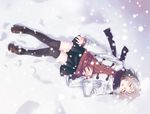  brown_hair closed_eyes legs lying nyaou on_back original scarf short_hair snow solo thighhighs zettai_ryouiki 