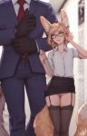  1boy 1girl adjusting_eyewear adjusting_sleeves animal_ears belt biting_own_lip black_thighhighs blonde_hair blurry blurry_background blush braid clothes_lift collarbone earrings einar_(personal_ami) english_commentary flat_chest fox_ears fox_tail garter_straps height_difference highres jewelry khiara_(personal_ami) looking_at_another necklace necktie no_panties original pencil_skirt personal_ami pussy shirt signature skirt skirt_lift suit tail thighhighs twin_braids uncensored white_shirt 
