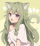  1girl animal_ear_fluff animal_ears arm_support artist_name blush cat_ears cat_tail commentary_request green_background green_hair hinata_mizuiro kemonomimi_mode kusanagi_nene long_hair looking_at_viewer low-tied_sidelocks off_shoulder open_mouth project_sekai purple_eyes shirt solo t-shirt tail tearing_up upper_body very_long_hair white_shirt yawning 