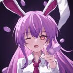  1girl aiming aiming_at_viewer animal_ears bullet chunjiu collared_shirt crossed_bangs dot_nose gradient_background hair_between_eyes heart heart-shaped_pupils highres light_blush long_hair looking_at_viewer motion_blur necktie one_eye_closed open_mouth pink_eyes purple_background purple_hair rabbit_ears rabbit_girl red_necktie reisen_udongein_inaba shirt sidelocks symbol-shaped_pupils textless_version touhou very_long_hair white_shirt 