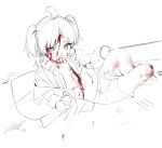  1girl ahoge bleeding blood blood_on_body blood_on_face blood_on_leg cuts flat_chest full_body highres injury looking_at_viewer lying medium_hair monochrome open_clothes open_shirt original ringlets ryuuforkaf shorts sketch solo spot_color two_side_up 